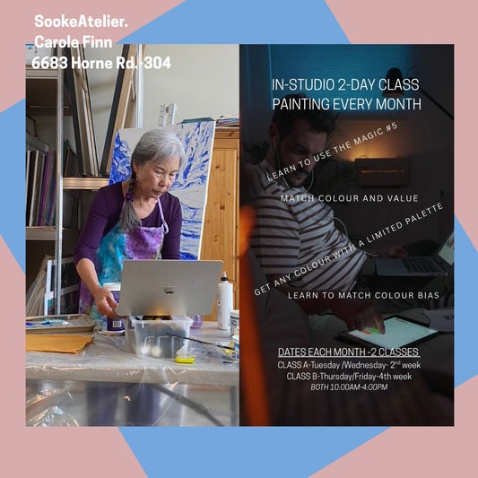 Promotional flyer for art classes at SookeAtelier with images of an artist and text about painting classes.