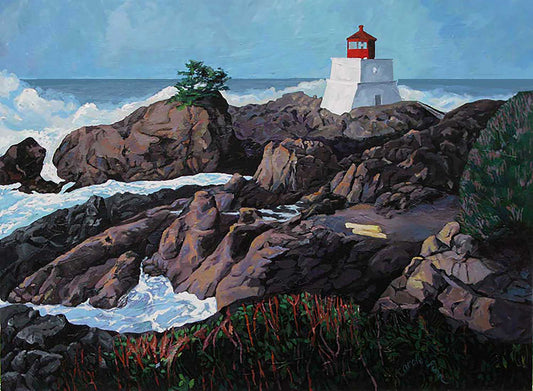 lighthouse_ cement base- Red light tower-crashing waves_Huge rocky shore