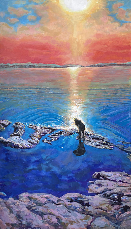 Sunrise Ocean , rocket shore, Boy searching Moon on water