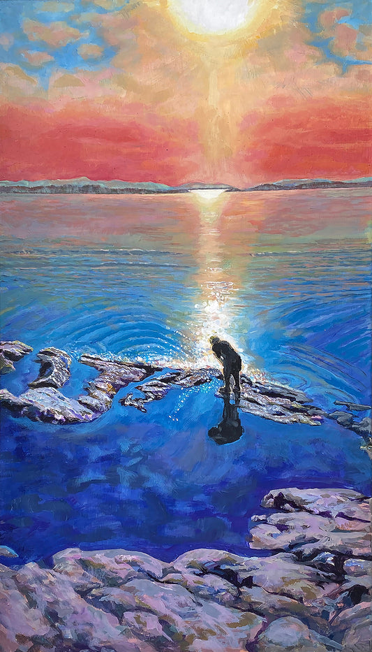 Sunrise Ocean , rocket shore, Boy searching Moon on water